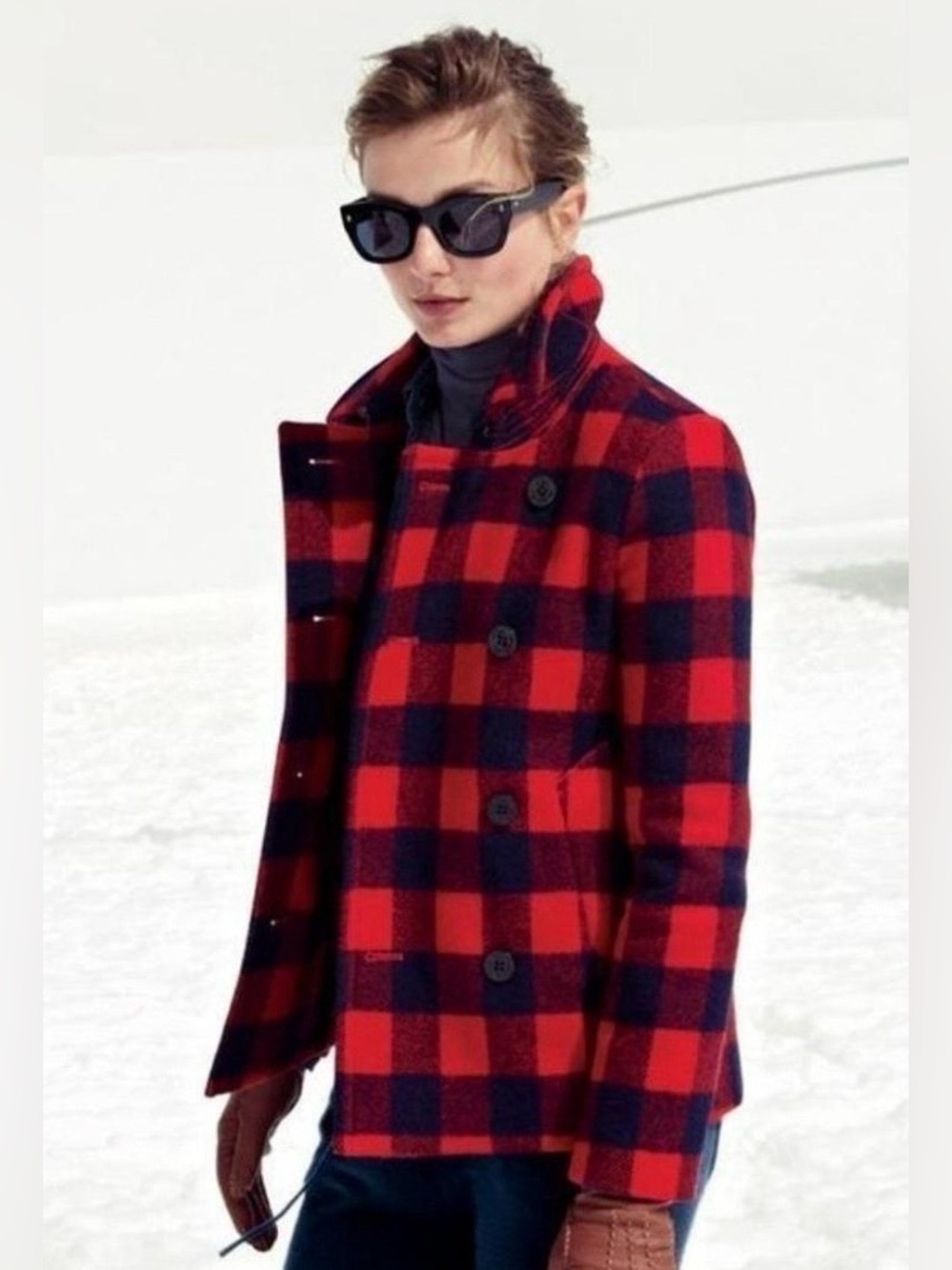 J Crew Red & Navy Buffalo Plaid Women's Wool Peacoat